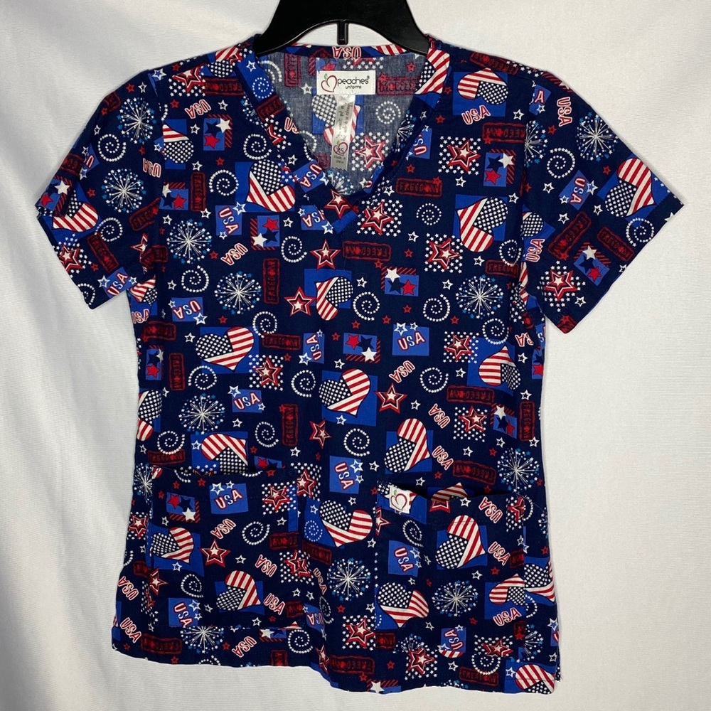 Scrubs Top XS Red White Blue Patriotic Pullover